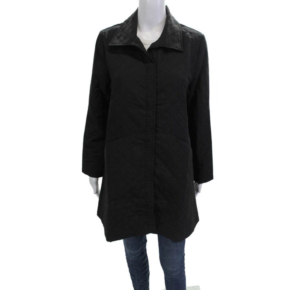 Shana Womens Quilted Coat Black Collared Argyle Snap Long Sleeve Size L